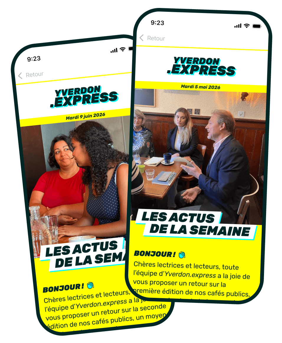 Deux téléphones affichent l’édition du mardi d’Yverdon.express, avec son retour sur les cafés publics.