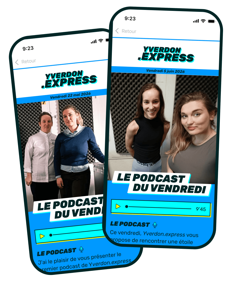 Deux téléphones affichent l’édition du vendredi d’Yverdon.express, avec son podcast.